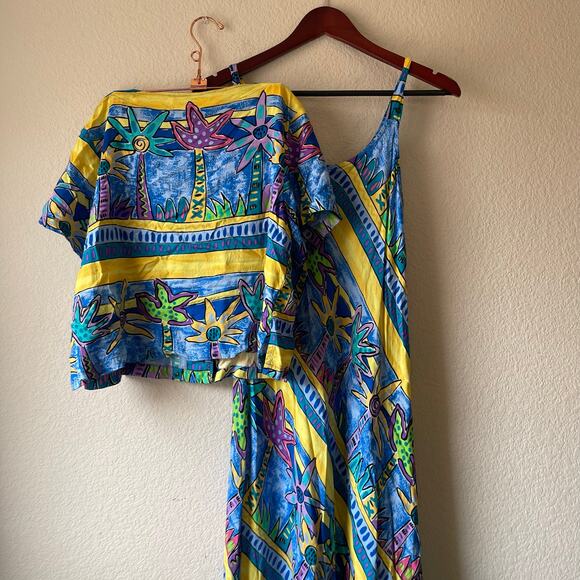 Vintage retro palm tree bold print maxi dress with jacket large - Picture 4 of 9